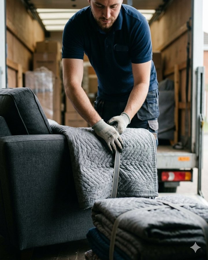 A removal team member carefully wrapping a sofa with moving blankets inside the Mercedes Sprinter Luton van